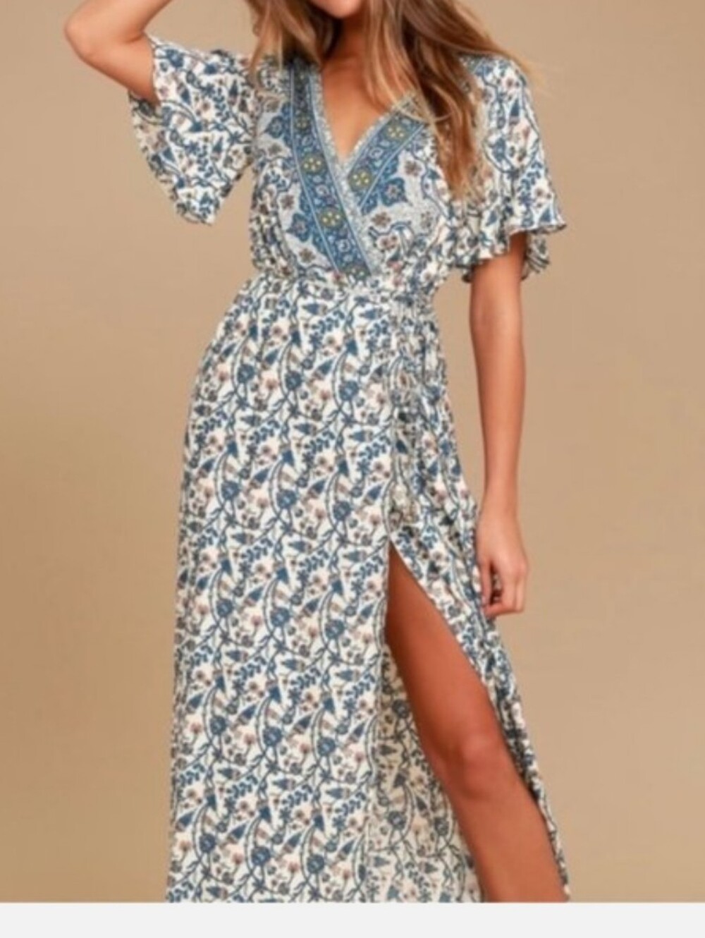 Aakaa Blue and Cream Printed Wrap Maxi Dress